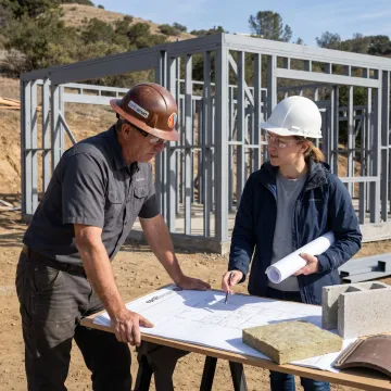 Team reviewing steel frame home plans