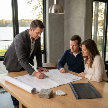 Architect reviewing custom home plans for a lakefront project