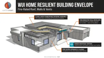 WUI home resilient building envelope components including fire-rated roof walls and vents