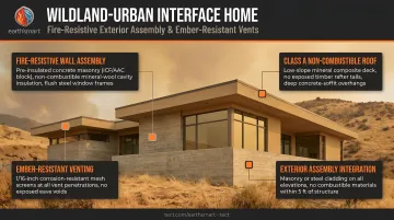 Wildland-Urban Interface home with fire-resistive exterior assembly and ember-resistant vents