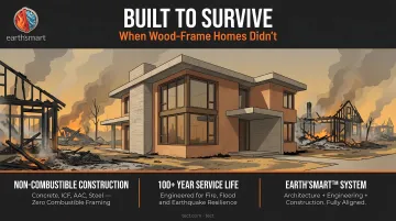Steel frame home standing intact in wildfire-burned neighborhood with destroyed wood structures nearby