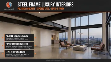 Luxury steel frame home interior with polished concrete floors exposed steel beams and level-5 drywall finishes