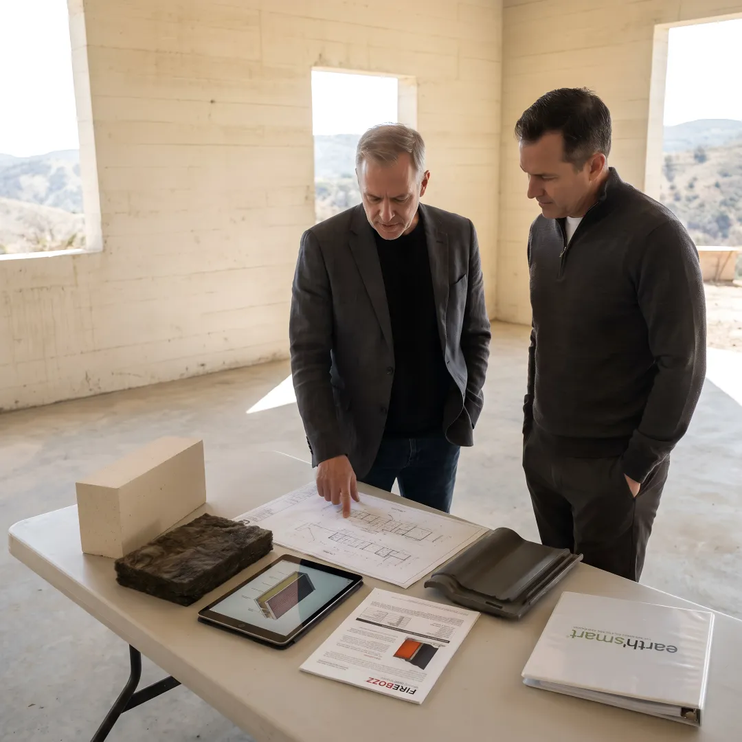 Architect reviewing fire rebuild plans with homeowner