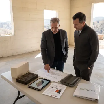 Architect reviewing fire rebuild plans with homeowner