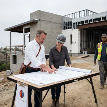 Architect reviewing fire defense plans for a resilient home
