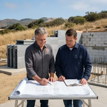 Architect reviewing concrete form plans on site