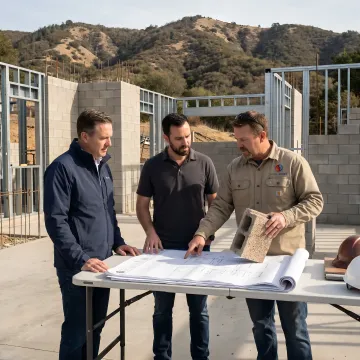 Design-build team reviewing plans for a resilient home