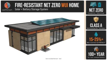 Fire-resistant net zero WUI home with solar panels and battery storage system