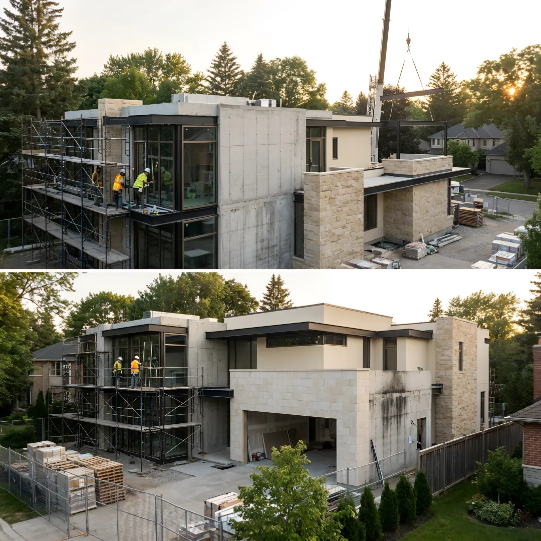 Architect reviewing fire rebuild plans with homeowners