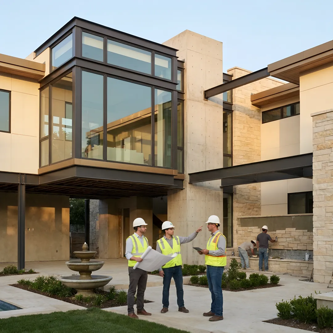 Integrated design-build team reviewing resilient home plans