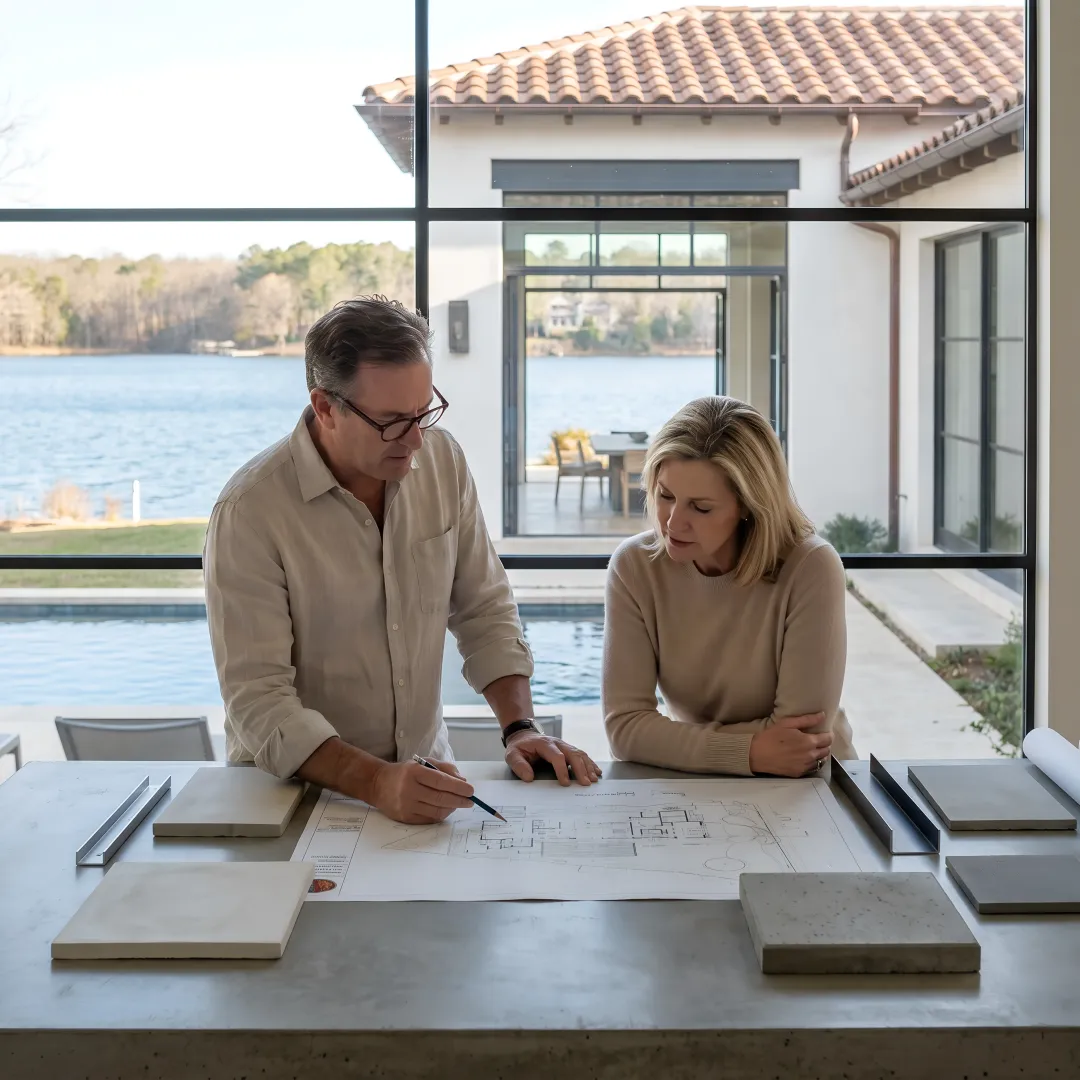 Architect reviewing custom home plans for a lakefront project