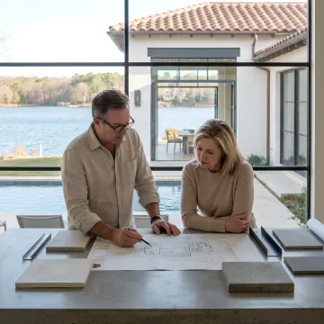Architect reviewing custom home plans for a lakefront project