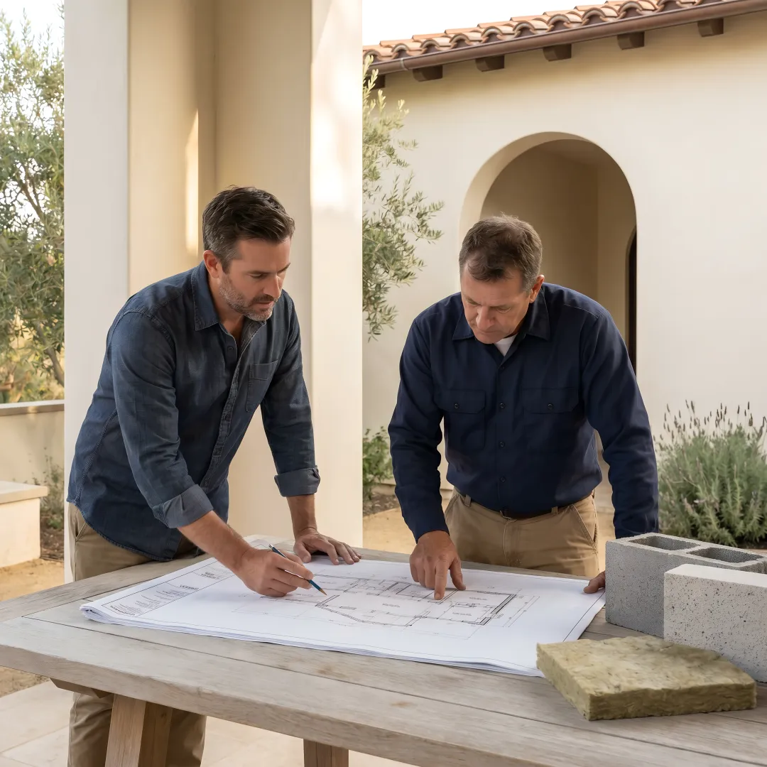 Architect and builder reviewing fire rebuild plans