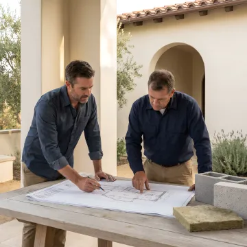 Architect and builder reviewing fire rebuild plans