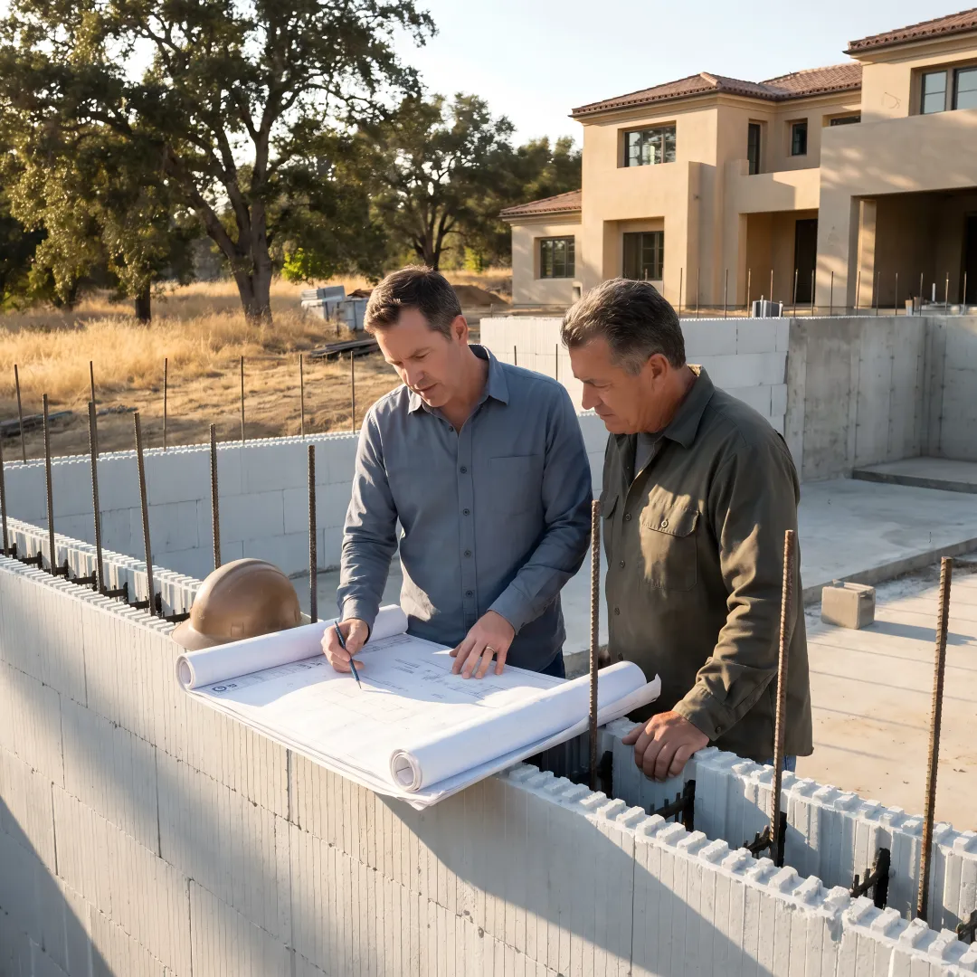 Builder reviewing ICF construction plans on site