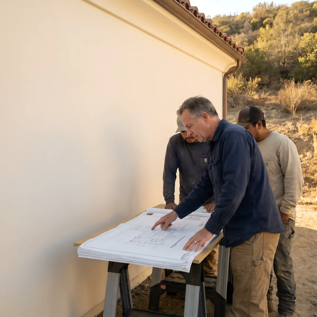 Architect reviewing fire defense plans for a resilient home