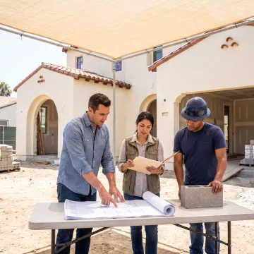 Design-build team reviewing home plans onsite