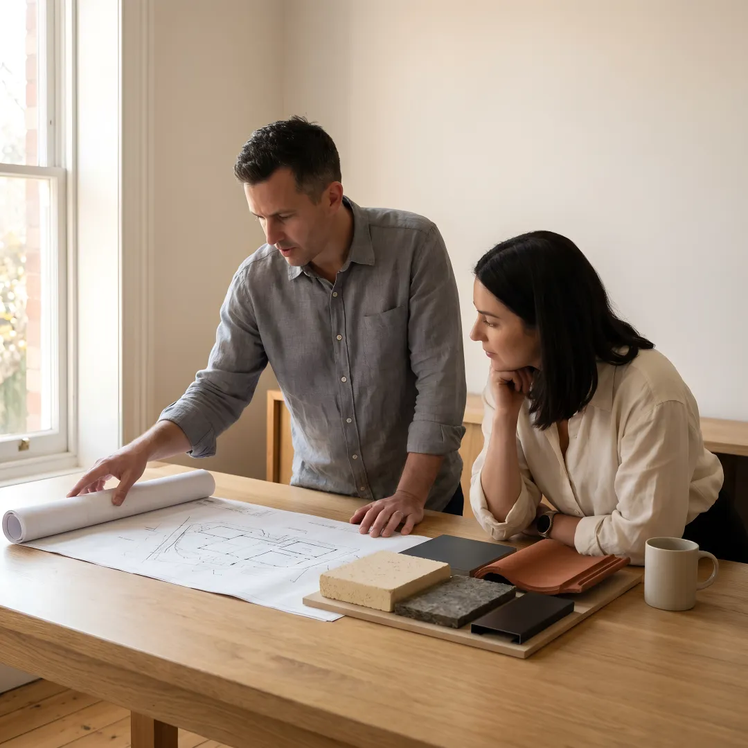Architect reviewing wildfire-resilient home plans with a homeowner