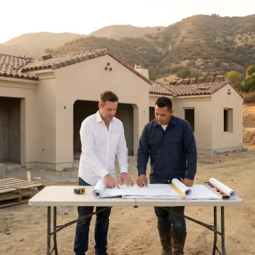 Architect reviewing fire rebuild plans on site