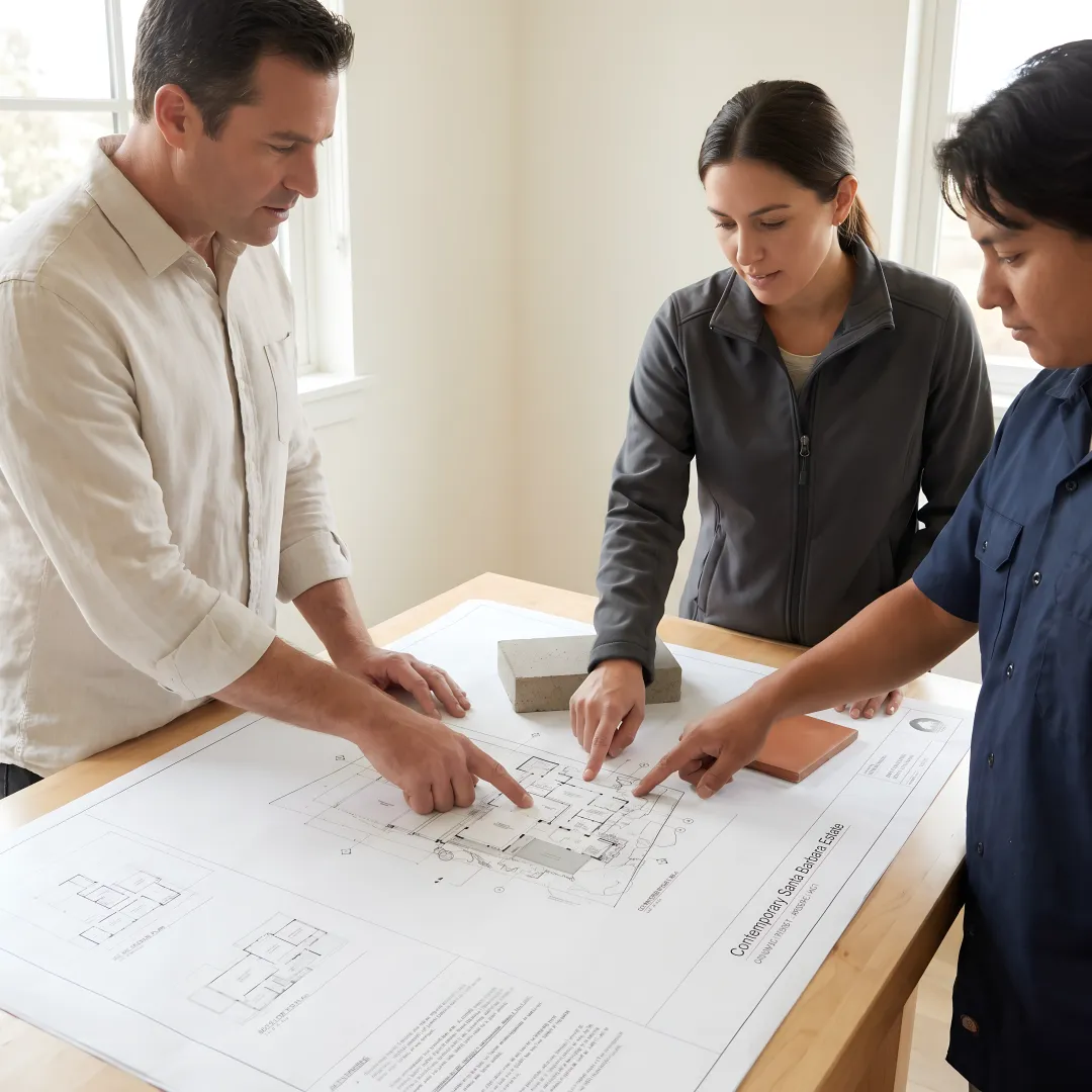 Architect reviewing fire-resilient home plans