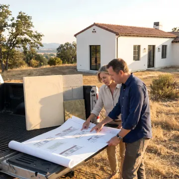 Architect reviewing custom home plans on site
