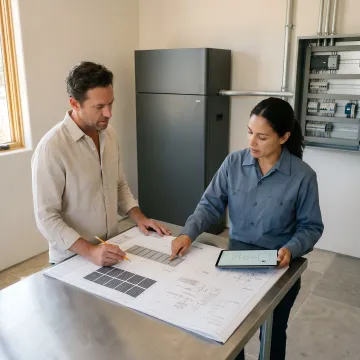 Technician reviewing residential backup power equipment