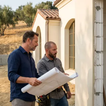 Architect reviewing custom home plans on site