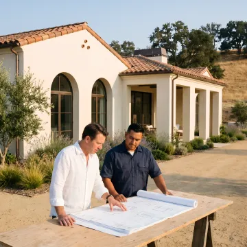 Construction team reviewing custom home plans