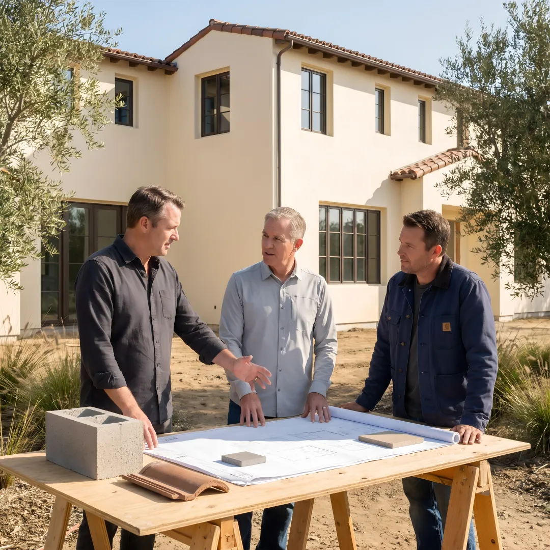 Design-build team reviewing custom home plans