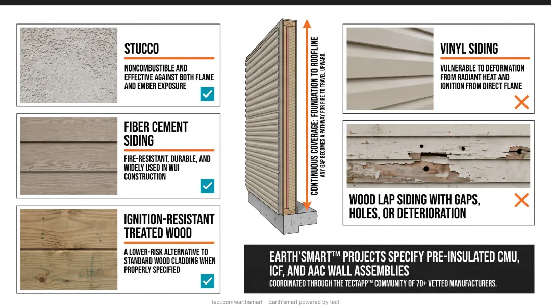 Fiber cement and stucco exterior wall cladding on WUI wildfire-resistant home construction