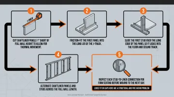 5-step shaft wall shaftliner panel and stud installation sequence process flow