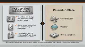 Precast versus on-site concrete quality control comparison infographic