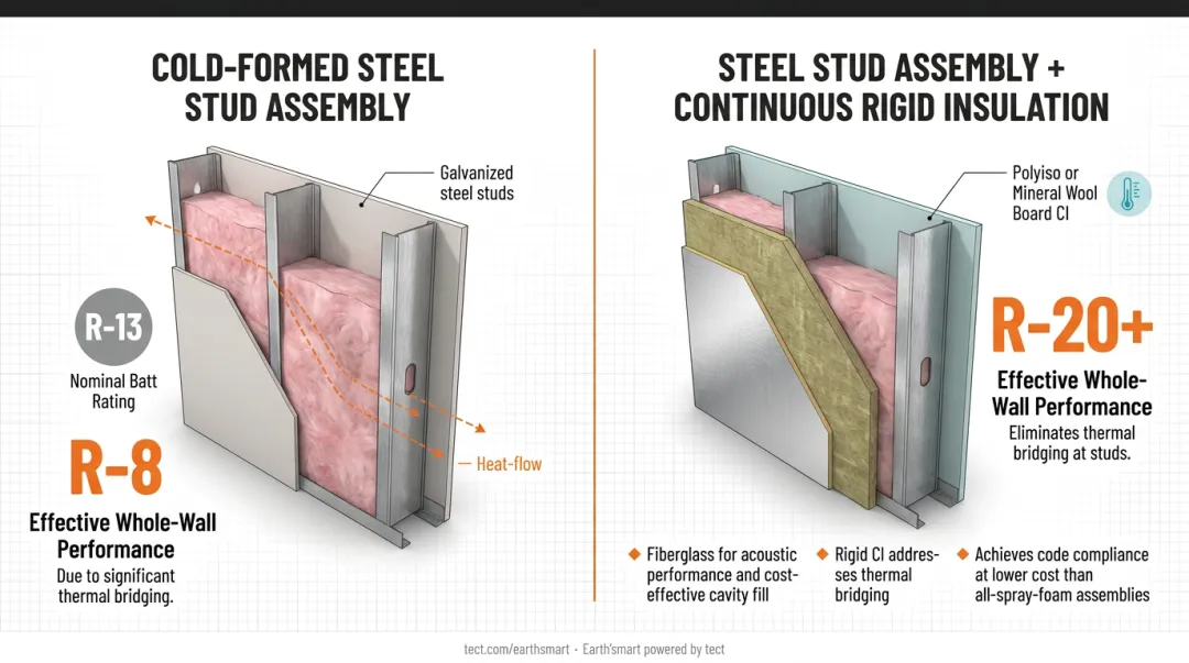 Hybrid CFS wall assembly layers showing cavity fiberglass combined with exterior continuous insulation