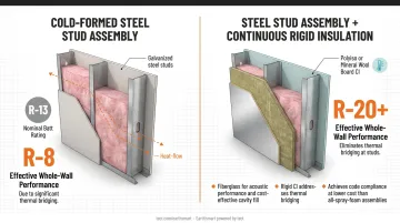 Hybrid CFS wall assembly layers showing cavity fiberglass combined with exterior continuous insulation