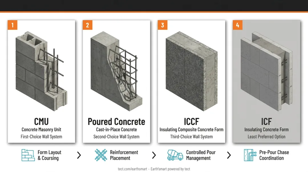 Four-stage CMU and poured concrete construction process from form layout to pre-pour coordination