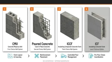 Four-stage CMU and poured concrete construction process from form layout to pre-pour coordination