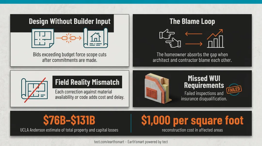 Fragmented construction delivery failure modes and California wildfire rebuild cost risks