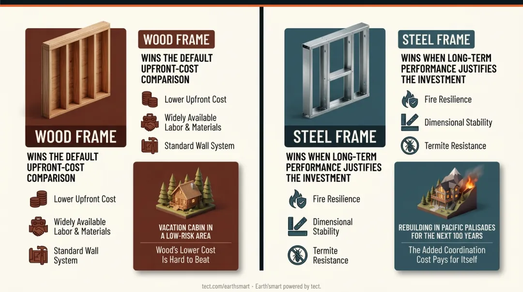 Steel frame versus wood frame six-dimension cost and performance comparison chart