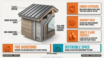 Three wildfire ignition pathways ember radiant heat and direct flame illustrated