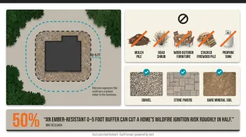 CAL FIRE three defensible space zones around home Zone 0 Zone 1 Zone 2 distances