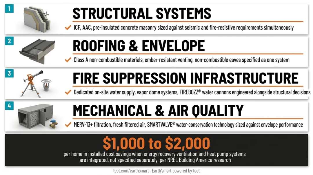 Integrated WUI fire-resistive home systems diagram showing four interdependent building systems