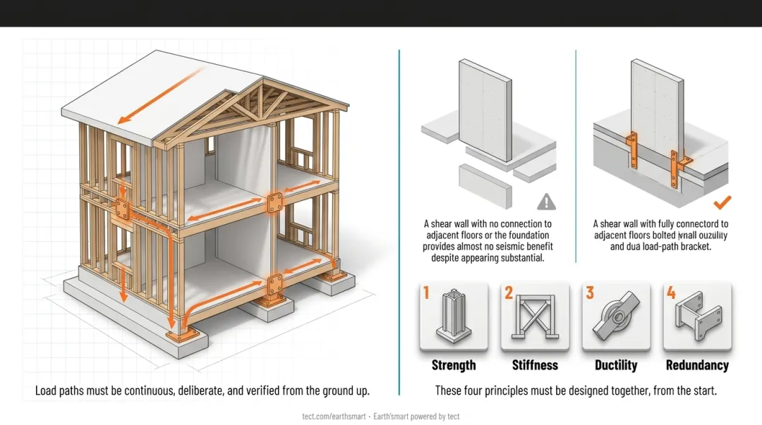 Four core earthquake-resistant design principles stiffness strength ductility redundancy infographic