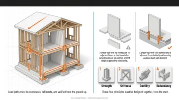Four core earthquake-resistant design principles stiffness strength ductility redundancy infographic