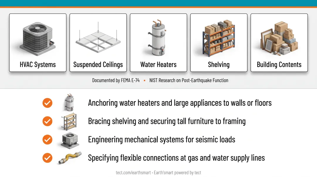 Nonstructural earthquake safety checklist anchoring appliances shelving mechanical systems home infographic