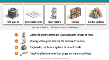 Nonstructural earthquake safety checklist anchoring appliances shelving mechanical systems home infographic