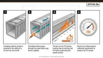 4-step ASTM E84 Steiner Tunnel Test process flow for flame spread index measurement