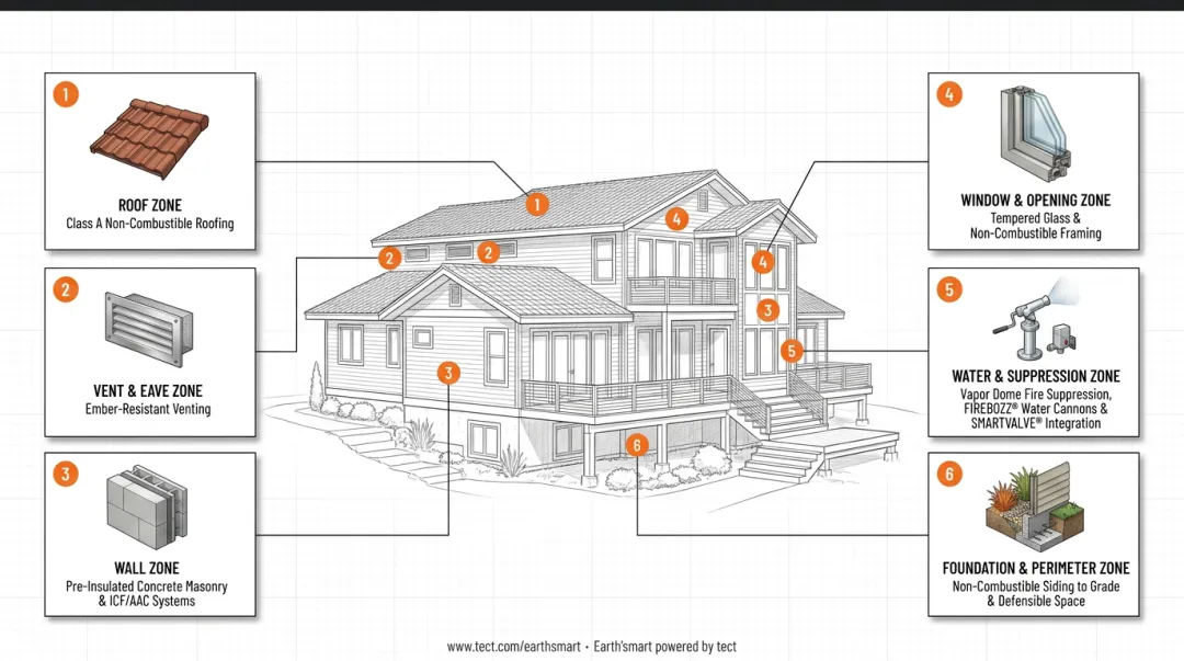 Zone-by-zone wildfire home vulnerability map with recommended fire-resistant materials
