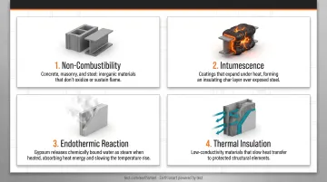 Four fire-resistance mechanisms in building materials explained with icons