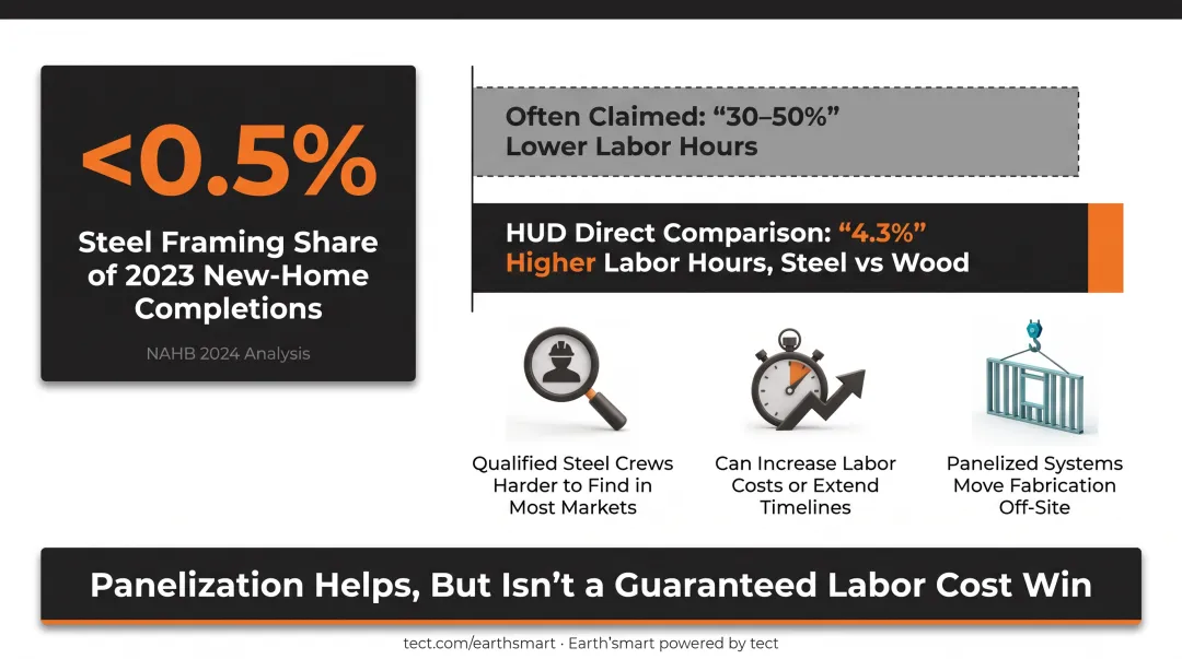Steel frame versus wood frame labor market availability and cost comparison infographic