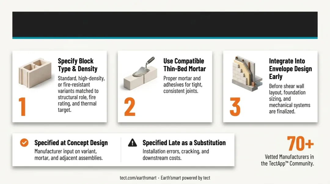 3-step AAC block correct specification and installation process flow diagram